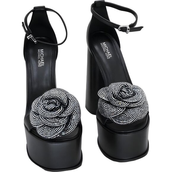 Michael Kors Elodie Rhinestone Flower Platform Sandals Black Women US 5.5M - Picture 1 of 6